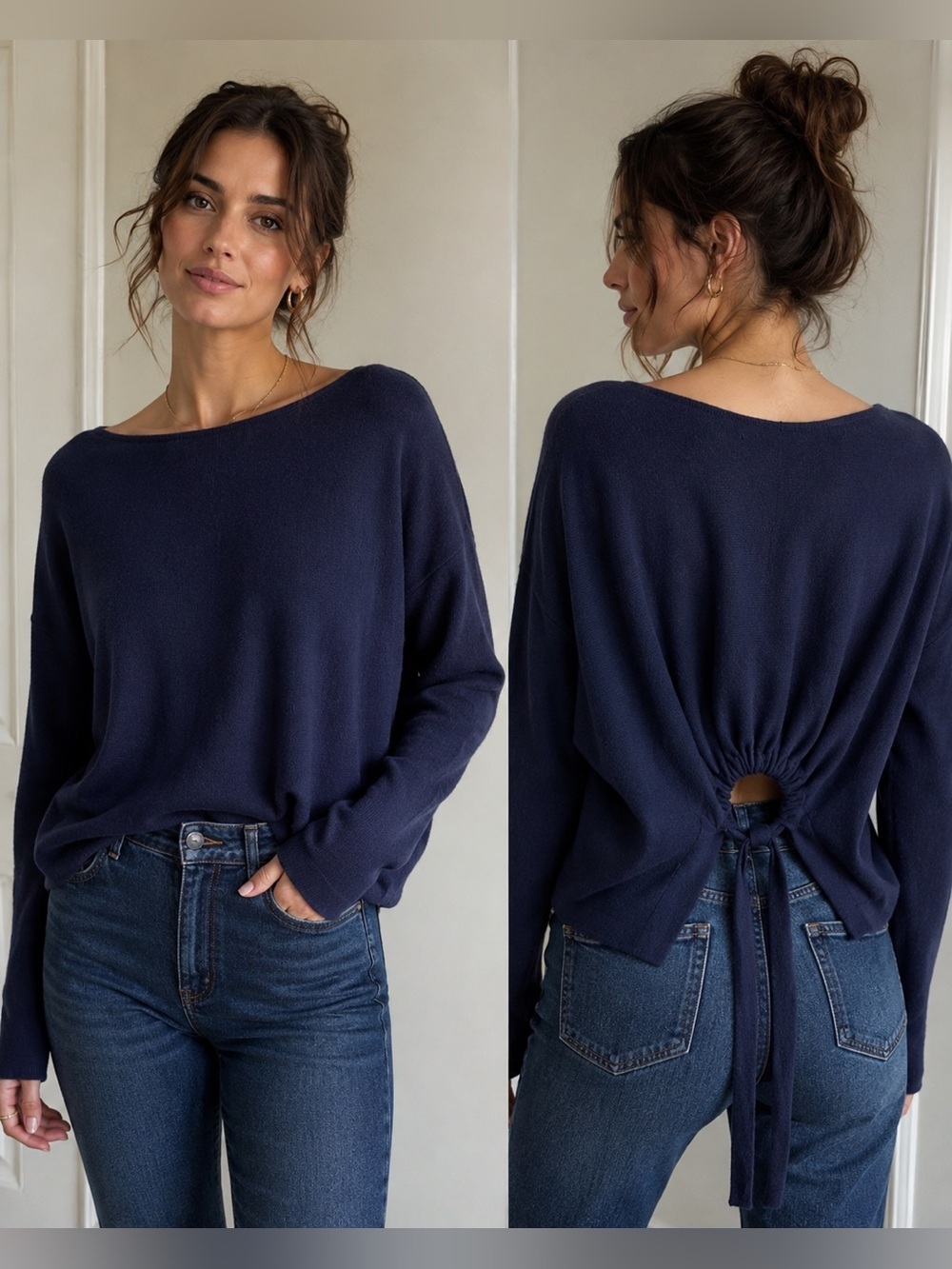 Vince 100% Cashmere Navy Relaxed Boat Neck Style Back Tie Sweater XS